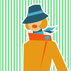 Woman in retro style of 60-ies on a light green background