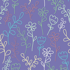 Seamless pattern with flowers and branches. Lilac background.