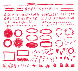 Hand drawn vector scribbles set. Frames, highlights, arrows, speech bubbles, letters and numbers and doodles for your design. - 105491701