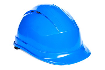 Closeup of blue protective helmet on white background