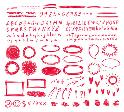Hand drawn vector scribbles set. Frames, highlights, arrows, speech bubbles, letters and numbers and doodles for your design.
