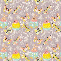 Colorful Easter background with  bunny,butterfly and flowers