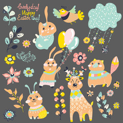 Cute deer, bunny and fox with flowers