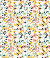 Colorful natural seamless background with flowers and birds
