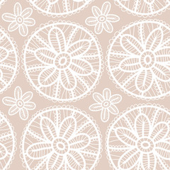 Lace fabric seamless pattern with white flowers on beige background