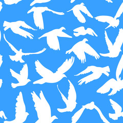 Doves and pigeons seamless pattern on blue background for peace concept and wedding design.