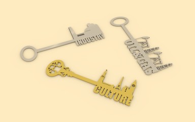 Various keys with landmarks, factory, gas rig and pump jack