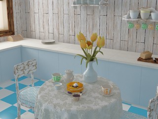 Render of lovely composition with breakfast and flowers in blue kitchen