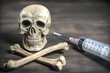 still life Human skull and crossbones drug addict concept