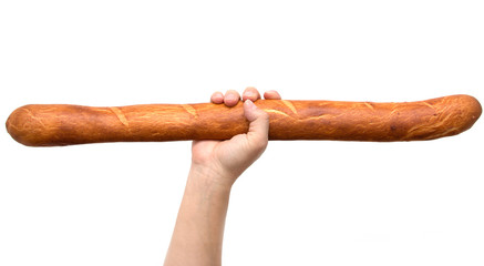 Bread baguette in his hand on a white background