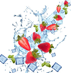 Water splash with fruits isolated on white backgroud. Fresh strawberry