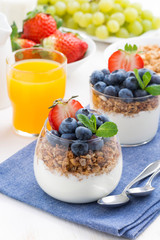 dessert with cream, fresh berries and granola, vertical