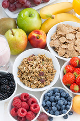 fresh berries, fruit and muesli, close-up, top view