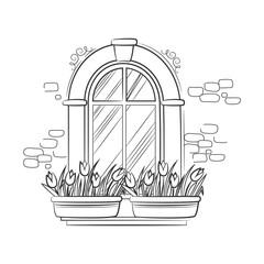 Window with flower tulips. Hand drawn sketch illustration isolated on white background