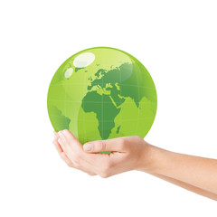 close up of woman holding green globe in her hands