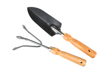 Garden tools with wooden handle isolated on white background