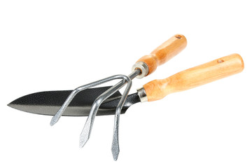 Garden tools with wooden handle isolated on white background
