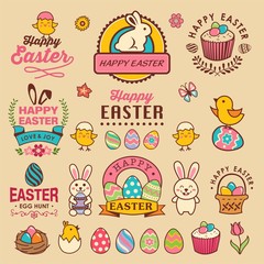 Happy easter design with labels, icons and decorative elements collection