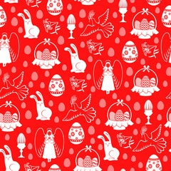 Naklejka premium Easter pattern seamless with angel, egg, hare, dove on red backg