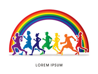 Running , Marathon designed using colorful colors on rainbow background graphic vector.