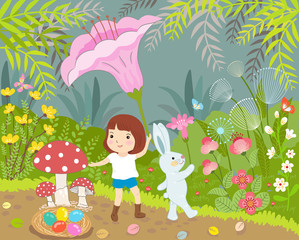 girl and rabbit in wonderful day
