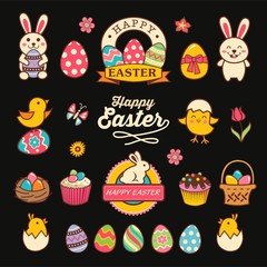 Happy easter design with labels, icons and decorative elements collection