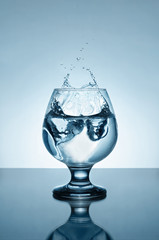 Mineral water with ice and splashes