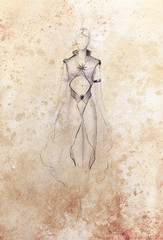sketch of mystical woman  in beautiful ornamental dress.