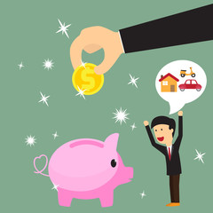 Saving money with businessman happy. business concept vector ill