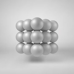 White abstract array with pearl spheres, atom, molecule grid with realistic shadow and light background for logo, design concepts, web, presentations and prints. 3D render design. Vector illustration.