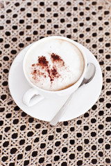 cup of cappuccino, cup of coffee, cup of coffee on white wicker