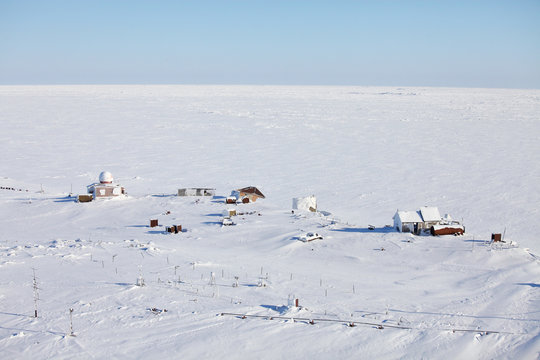 Aerial view of abandoned polar station on an isolated Vize Island (Wiese) island located in the Arctic Ocean  at the northern end of the Kara Sea  