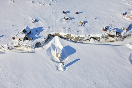 Aerial view of abandoned polar station on an isolated Vize Island (Wiese) island located in the Arctic Ocean  at the northern end of the Kara Sea  