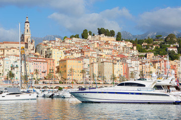 Menton, old city and harbor view in a sunny day, French riviera