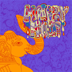 original Happy Holi design with head elephants on floral indian 