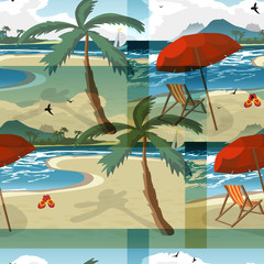 Sea summer beach, sun umbrellas, beach beds seamless pattern bac