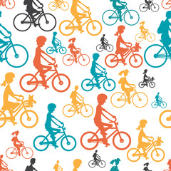 Seamless textile pattern with his family to ride a bike. Backgro
