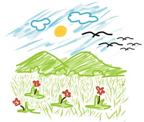 Kid style Vector Mountain and sun