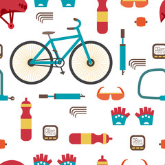 Seamless textile pattern with Mountain bike kit. Set riding bike