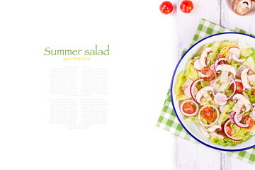 Healthy fresh summer salad with letucce, radish, cherry tomatoes, red onion and champignons with italian herbs on a wooden background with olive oil, top view with copy space