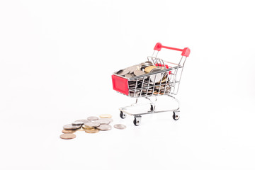 shopping trolley bring coins with  white background