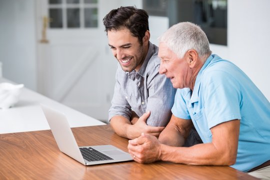 Smiling father and son using laptop