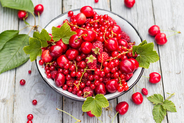 fruit bowl full cherries raspberries