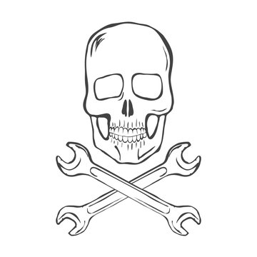 Hand Draw Skull with crossed wrenches vector