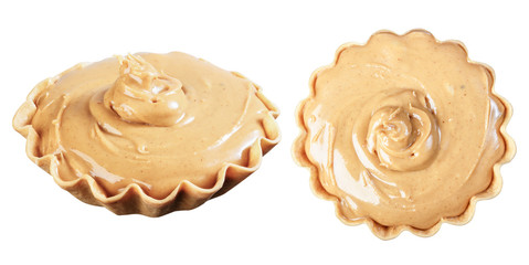 Peanut butter in a waffle basket, isolate on a white background,