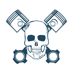 Skull and Pistons. t-shirt graphic. Vector
