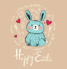 Easter greeting card with bunny and floral background