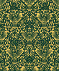 Damask seamless pattern with owl silhouette. Vintage repeating background. Gold green floral ornament in baroque style. Antique golden repeatable wallpaper.