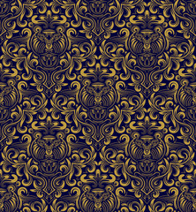 Damask seamless pattern repeating background. Gold blue floral ornament in baroque style. Antique golden repeatable wallpaper.