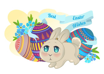 Bunny chibi on the background of Easter eggs and flowers forget-me-not